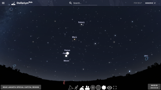 Penampakan jejeran 4 planet dari Stellarium Web, Jakarta jam 4:52 WIB. Foto: Dok. Stellarium