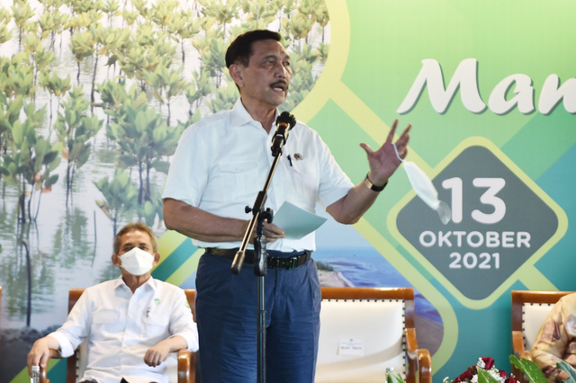 Menko Marves Luhut Binsar Pandjaitan saat Peluncuran Peta Mangrove Nasional (PMN) Tahun 2021. Foto: Dok. KLHK
