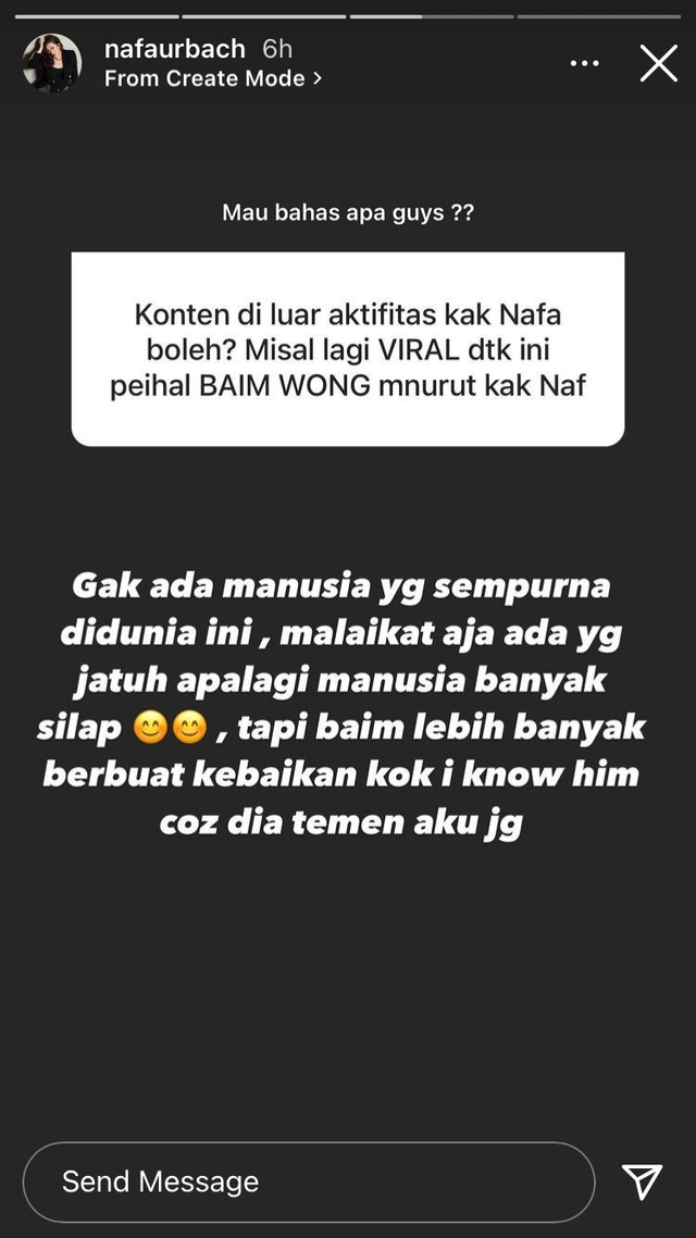 Unggahan Instagram Story Nafa Urbach tentang Baim Wong. Foto: Instagram/nafaurbach