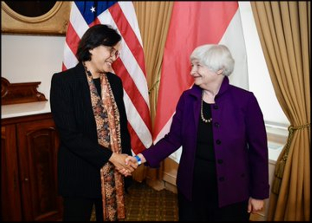 Menteri Keuangan Amerika Serikat (AS), Janet Yellen mengunggah fotonya bersama Menkeu Sri Mulyani. Foto: twitter/JanetYellen