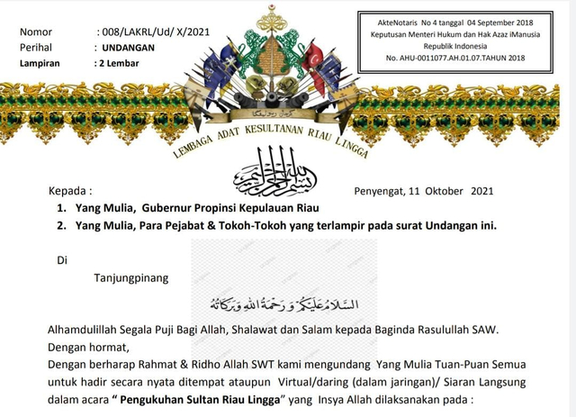 Undangan pengkuhan Sultan Riau Lingga yang membuat heboh masyarakat Pulau Penyengat. Foto: Istimewa