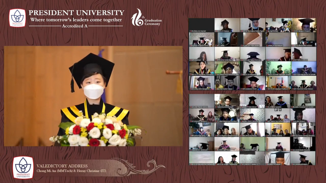 Chong Mi Ann, mahasiswa asal Korea Utara menjadi lulusan pasca sarjana terbaik dengan meraih IPK sempurna 4,0 pada acara wisuda ke-16 President University, hari Minggu (17/10/2021). (Foto: President University/Youtube).
