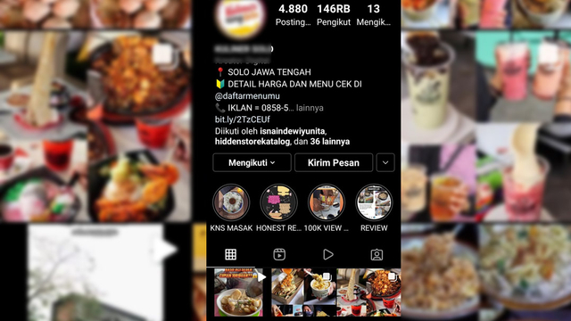 Salah satu akun Instagram yang berisi info kuliner di Kota Solo yang sempat kena retas.