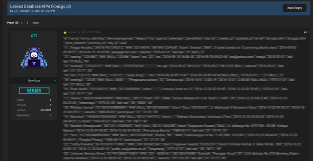 Screenshot data KPAI dijual di forum hacker Raid Forums. Foto: CISSReC