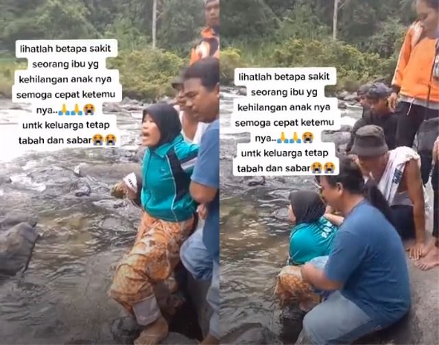 Momen pilu jerit tangis seorang ibu pecah usai anaknya hilang di air terjun Lae Une. Foto: Tangkapan Layar TikTok @periantoboman2