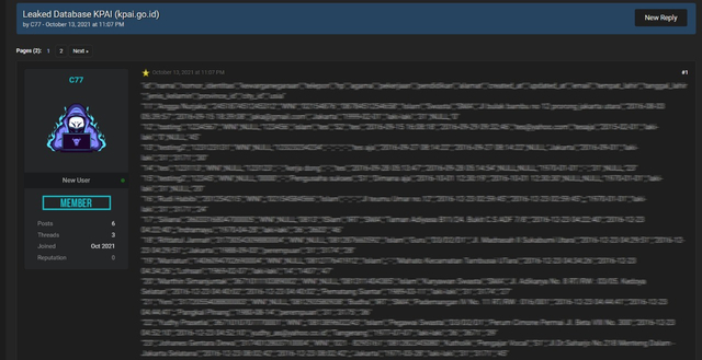 Screenshot database KPAI yang dijual di forum hacker Raid Forums. Foto: CISSReC