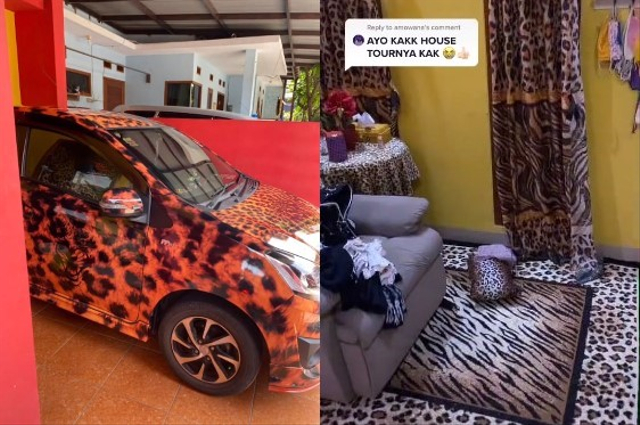 Kendaraan hingga perabotan di rumah ibu ini bermotif loreng macan. Foto: Tangkapan Layar TikTok @ninunaaa