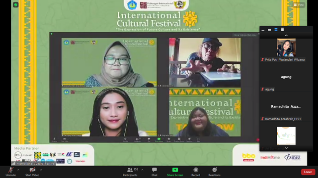 Kegiatan Talkshow International Cultural Festival HI Unila via Zoom. 