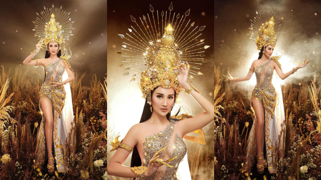 Bella mengenakan kostum nasional yang terinspirasi dari Dewi Sri karya Inggi Kendran. Dok Instagram Pribadi @bellaapriliasant. 