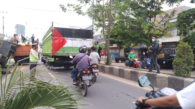 Truk Muatan Jagung Curah Terguling, Para Sopir Truk di Lampung Bantu Evakuasi (4)