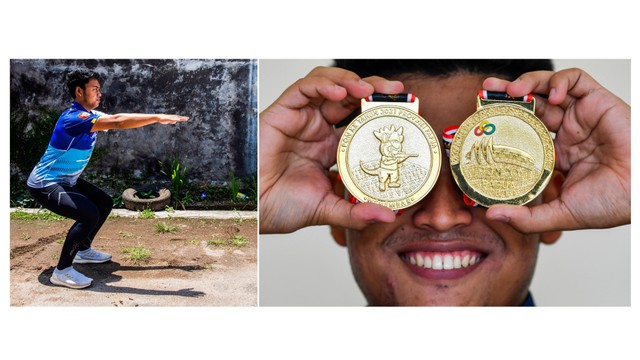 Atlet menembak Jabar Fathur Gustafian berlatih fisik di Kota Cimahi (kiri) dan saat menunjukan medali emas yang diraihnya pada final menembak 10 meter air rifle individual dan beregu PON Papua (kanan). Foto: Aditya Pradana Putra dan Nova Wahyudi/Antara Foto