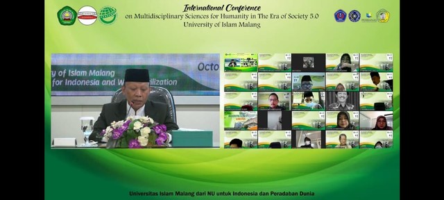 Rektor Unisma, Prof Maskuri MSi dalam Internasional Conference on Multidisciplinary Sciences for Humanity in The Era of Society 5.0 yang digelar secara hybrid. Foto: tangkapan layar