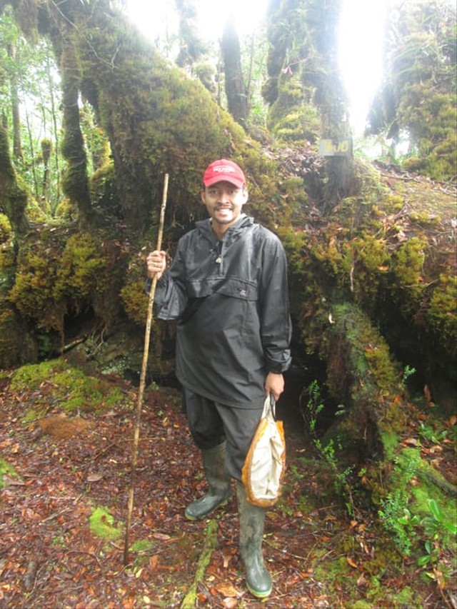 Raden Pramesa Narakusumo, kurator kumbang di Museum Zoologicum Bogoriense, selama kerja lapangan di puncak Gunung Dako, Sulawesi. Foto: Raden Pramesa Narakusumo (CC BY)