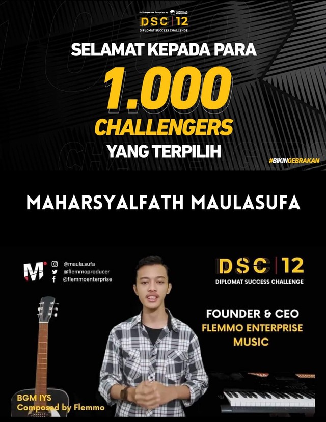 Vlog Picth Bisnis Alfath Flemmo, DSC12 Diplomat Soccess Challenge 2021: Selamat kepada 1000 Challengers terpilih, Maharsyalfath Izlubaid Qutub Maulasufa. Founder dan CEO Flemmo Music. (dok. pribadi).