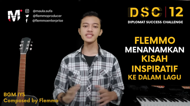 Vlog Picth Bisnis Alfath Flemmo, DSC12 Diplomat Soccess Challenge 2021: Flemmo Enterprise Music menanamkan kisah-kisah inspiratif ke dalam lagu. (dok. pribadi).