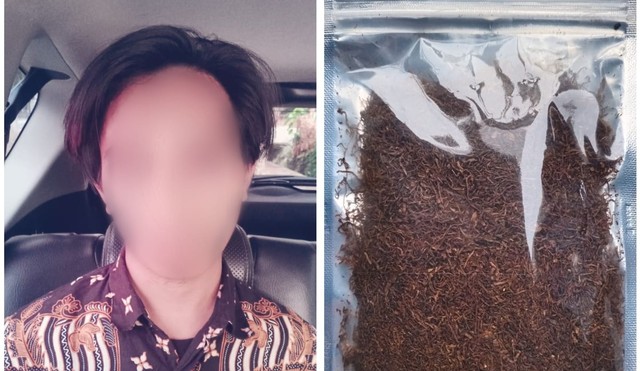 Polres Cirebon Kota mengamankan pelaku dan barang bukti pengedar tembakau gorila.(Humas Polres Ciko)