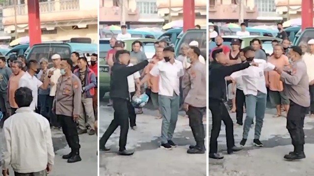 Kolase tangkapan layar video, anak polisi dan seorang rekannya yang dalam kondisi mabuk, menantang Kapolsek Toulimambot untuk berduel di Terminal Tondano, Kabupaten Minahasa