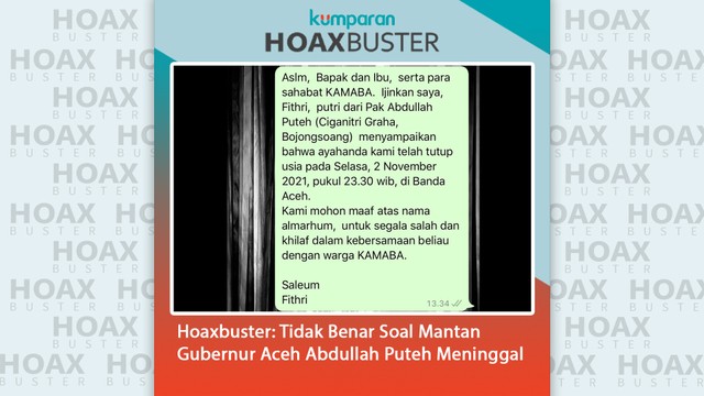 Hoaxbuster: Soal Mantan Gubernur Aceh Abdullah Puteh Meninggal. Foto: Dok. Istimewa