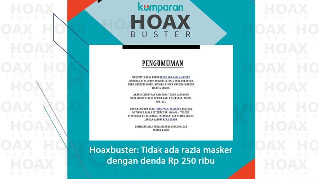 Hoaxbuster: Tidak ada razia masker dengan denda Rp 250 ribu. Foto: Dok. Istimewa