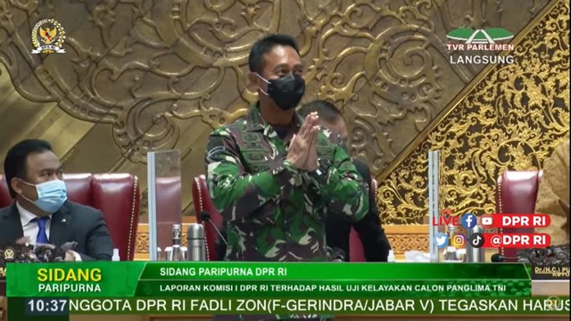 Jenderal Andika Perkasa diperkenalkan sebagai calon Panglima TNI di rapat paripurna DPR. Foto: Youtube/@DPR RI