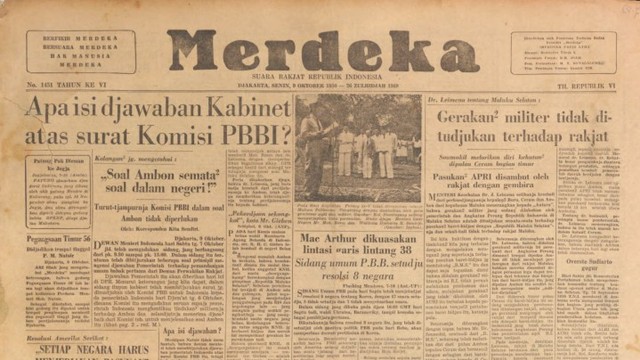 Surat kabar Merdeka terbitan 9 Oktober 1950. Arsip surat kabar tersedia di Khastara.perpusnas.go.id