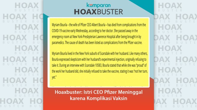 Hoaxbuster: Istri CEO Pfizer Meninggal karena Komplikasi Vaksin. Foto: Dok. Istimewa