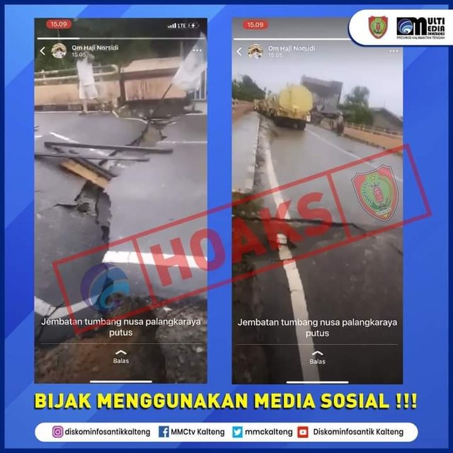 Stempel hoaks oleh Diskominfo Kalteng terkait jembatan Tumbang Nusa putus.