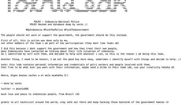 Screenshot data 28.000 personil Polri yang dibocorkan hacker. Foto: kumparan
