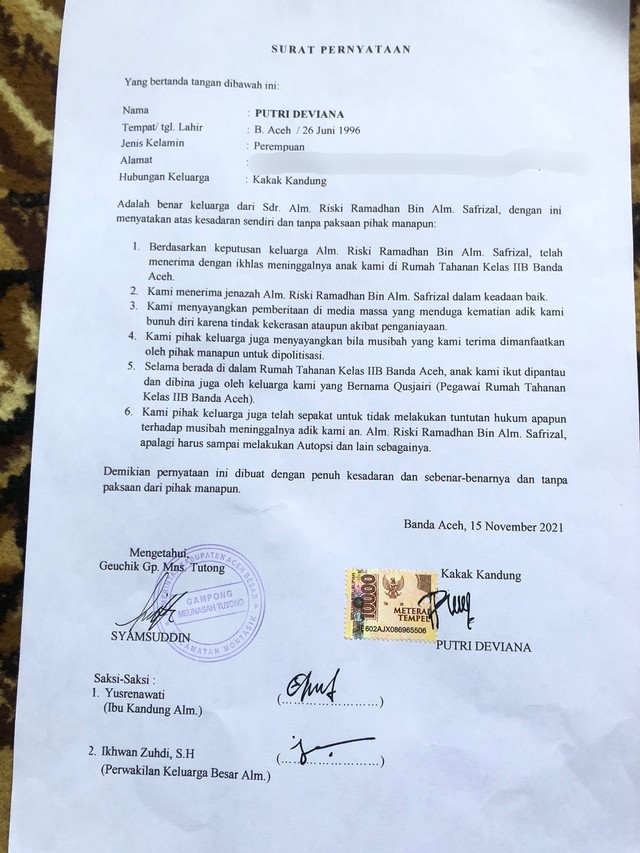 Keluarga Ungkap Napi yang Tewas di Rutan di Aceh Sempat Berupaya Bunuh Diri (70450)