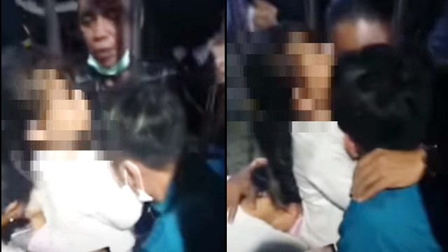 Momen komedian Amoy menangis sembari memeluk anaknya dari balik pagar sebelum dirinya dijebloskan ke penjara. Amoy divonis dua tahun penjara dalam sengketa hak jual merek rokok. (foto: kolase video)