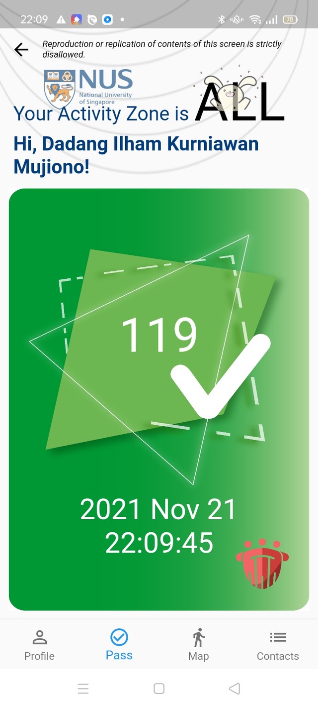 Panel elektronik berwarna hijau yang artinya sudah mengunggah hasil tes usap (FET) dan terhubung dengan jaringan Wi-Fi kampus (Foto: Dokumentasi pribadi)