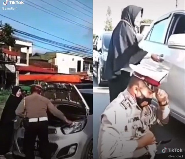 Polisi menyelematkan anak kucing di mesin mobil. Foto: Tangkapan Layar TikTok @yandie.f