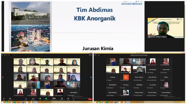 Dokumentasi kegiatan pelatihan oleh Tim PkM Dosen Jurusan Kimia UM kepada guru-guru kimia Kabupaten Malang dengan zoom meeting (21/08/2021).