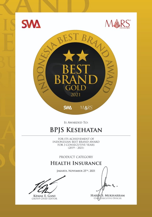 BPJS Kesehatan memperoleh penghargaan sebagai Indonesia Best Brand Award 2021 Kategori Asuransi Kesehatan. Foto: BPJS Kesehatan