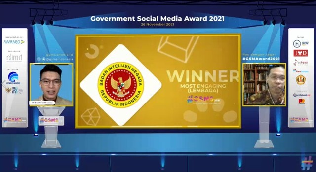 Akun sosmed BIN terima penghargaan *Most Engaging ajang Goverment Social Media Summit (GSMS) tahun 2021. Foto: BIN