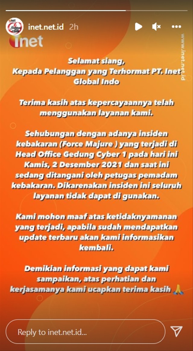 Internet Inet Down Imbas Kebakaran Gedung Cyber Kami Mohon Maaf Kumparan Com