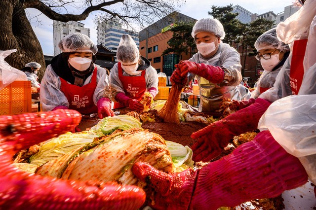 Para peserta menyiapkan kimchi, hidangan tradisional Korea dari kubis dan lobak pedas yang difermentasi, selama festival pembuatan kimchi di kuil Buddha Jogyesa di Seoul. Foto: Anthony W / AFP