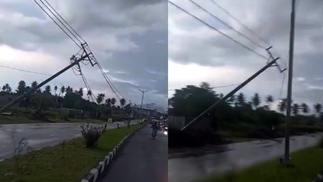 Sejumlah tiang listrik di Jalan SBY, Kabupaten Minahasa Utara, roboh secara bersamaan usai terjadinya cuaca ekstrem