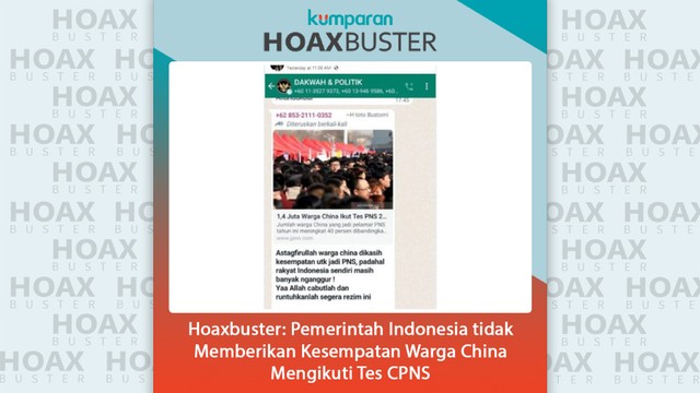 Hoaxbuster: Pemerintah Indonesia tidak memberikan kesempatan warga China mengikuti tes CPNS. Foto: Dok. Istimewa