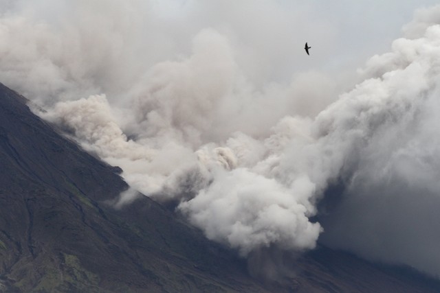 Awan panas meluncur dari kawah Gunung Semeru terlihat dari Pronojiwo, Lumajang, Jawa Timur, Senin (6/12/2021). Foto: Ari Bowo Sucipto/Antara Foto