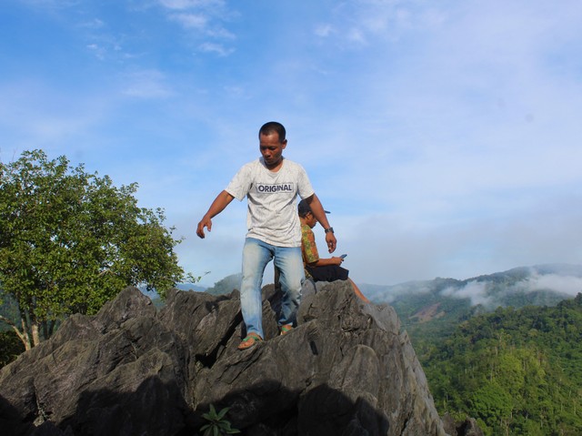 Ketua Kesatuan Pengelolaan Hutan Adat (KPH) di Desa Berkun, Baharudin, menjelajahi puncak Bukit Tamulun. (Foto: M Sobar Alfahri/Jambikita)