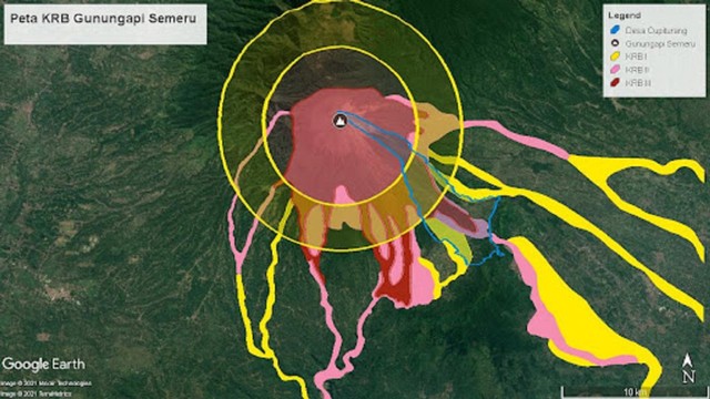 Peta Kawasan Rawan Bencana Gunung Semeru oleh PVMBG.