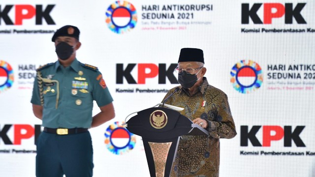 Wakil Presiden Ma'ruf Amin hadiri Puncak Peringatan Hari Antikorupsi (Hakordia) 2021, di Gedung Merah Putih KPK, Kuningan, Jakarta Selatan, Kamis (9/12). Foto: KIP