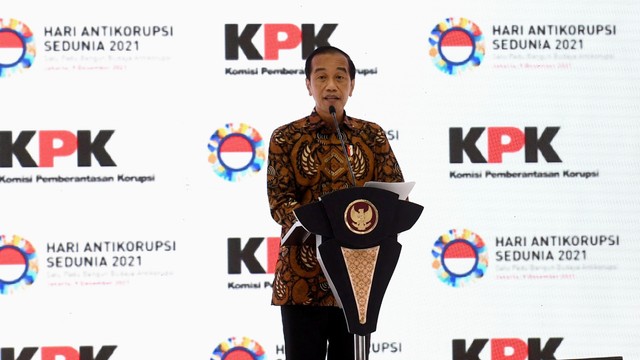 Presiden Joko Widodo memberikan sambutan pada Peringatan Hari Anti Korupsi Sedunia (Hakordia) 2021 di Gedung KPK, Jakarta, Kamis (9/12).
 Foto: Rusman/Biro Pers Sekretariat Presiden