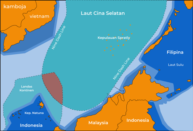 Ilustrasi tumpang tindih wilayah maritim Indonesia dan Cina. Milik sendiri, terinspirasi dari I Made Andi Arsana (2020)