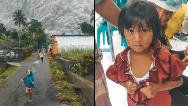 Anak berkerudung lari kencang saat erupsi Gunung Semeru. (Foto: @littleproject.idn/Instagram)
