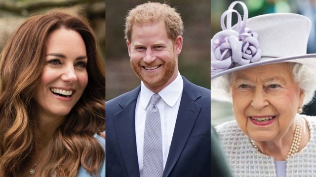 Kate Middleton (kiri), Pangeran Harry (tengah), dan Ratu Elizabeth II (kanan). Foto: Getty Images