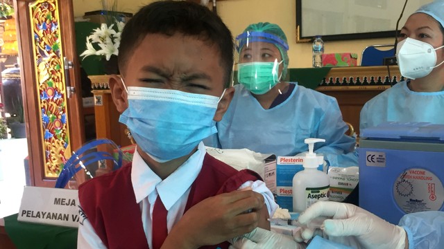 Suasana vaksinasi anak usia 6-11 tahun di SD Widya Sakti Kota Denpasar, Bali, Rabu (15/12).
 Foto: Denita BR Matondang/kumparan