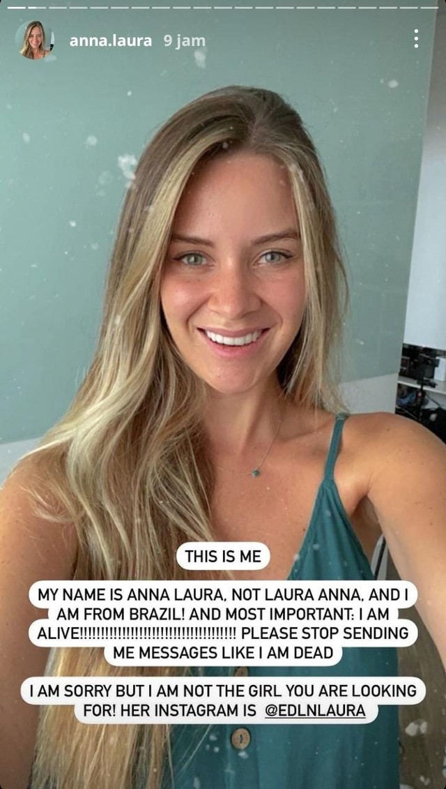 Jurnalis Brasil memberikan klarifikasi bahwa dirinya bukanlah Laura Anna. Foto: Tangkapan Layar Instagram Story @anna.laura 