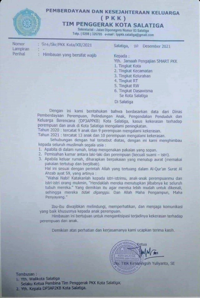 Surat Edaran PKK Salatiga untuk jemaah pengajian Smart PKK. Foto: Dok. Istimewa